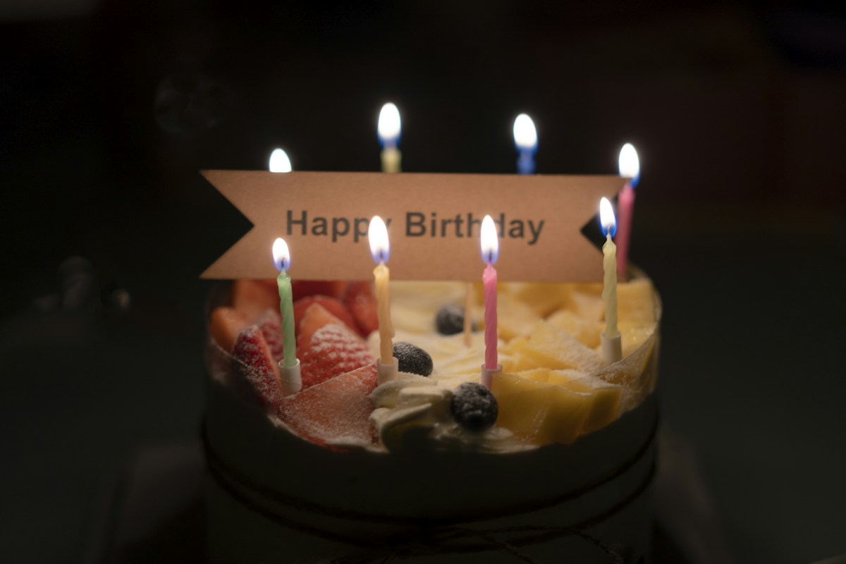 Birthday cake with candles and birthday decorations