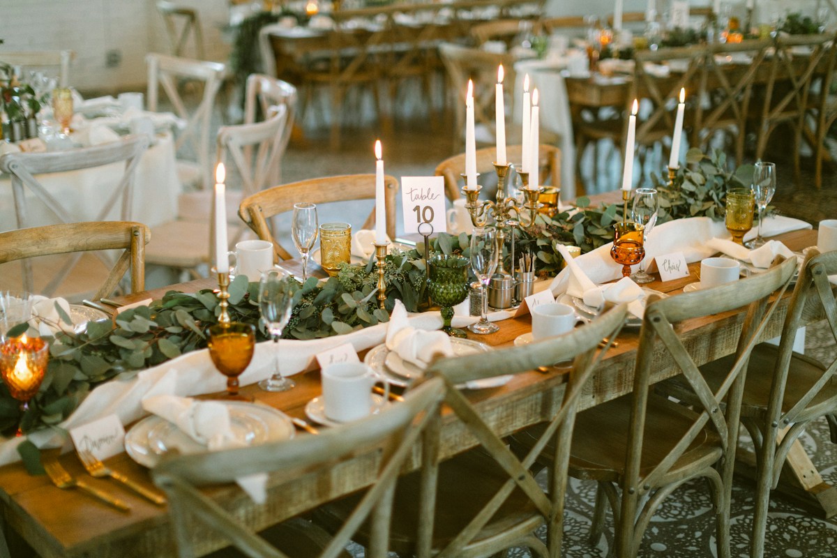 Wedding reception table with flowers and candles